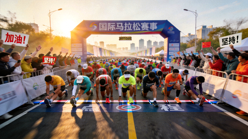 国际马拉松赛事起跑画面，数千名运动员在起点线准备出发，沿途观众热情加油